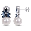 Mimi & Max 9-9.5 Mm Cultured Freshwater Pearl And Sapphire And 1/8 Ct Tw Diamond Flower Drop Earrings In 14k Wh In Silver