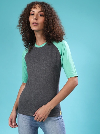 Campus Sutra Solid Women Round Neck Charcoal-green T-shirt In Blue