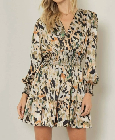 ENTRO SATIN ANIMAL AND CAMOUFLAGE PRINT SHORT DRESS IN MOCHA RUST