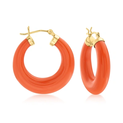 Ross-simons Simulated Coral Hoop Earrings In 14kt Yellow Gold In Pink