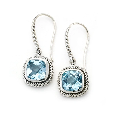Samuel B Jewelry Sterling Silver Cushion Shape Blue Topaz Twisted Rope Design Earrigns