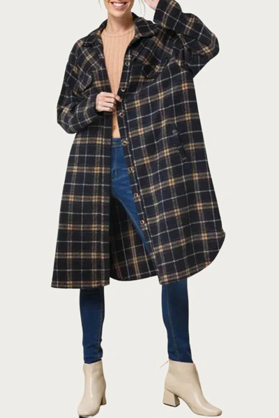 Bestto Long Checked Brushed Flannel Jacket In Black/taupe In Blue