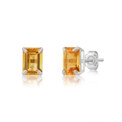 Max + Stone 14k White Gold Solitaire Emerald-cut Gemstone Stud Earrings (7x5mm) In Silver