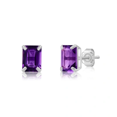 Max + Stone 14k White Gold Solitaire Emerald-cut Gemstone Stud Earrings (7x5mm) In Purple