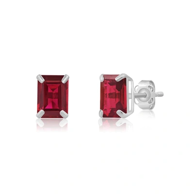 Max + Stone 14k White Gold Solitaire Emerald-cut Gemstone Stud Earrings (7x5mm) In Red
