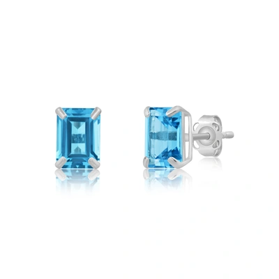 Max + Stone 14k White Gold Solitaire Emerald-cut Gemstone Stud Earrings (7x5mm) In Blue