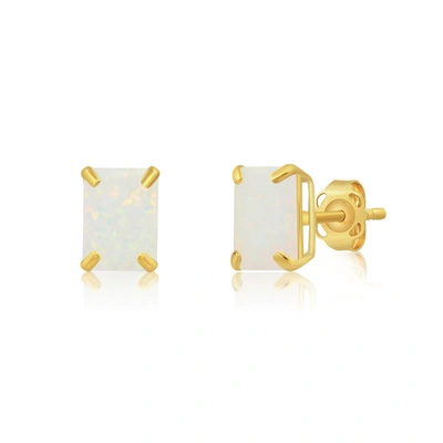 Max + Stone 14k Yellow Gold Solitaire Emerald-cut Gemstone Stud Earrings (7x5mm) In White