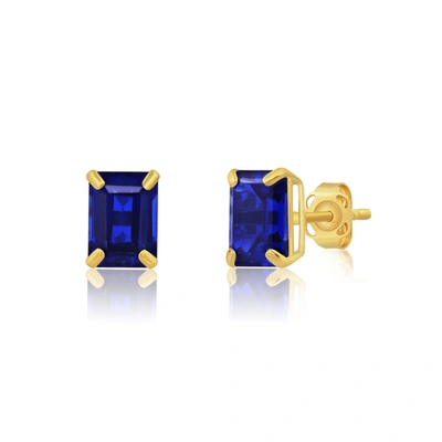 Max + Stone 14k Yellow Gold Solitaire Emerald-cut Gemstone Stud Earrings (7x5mm) In Blue