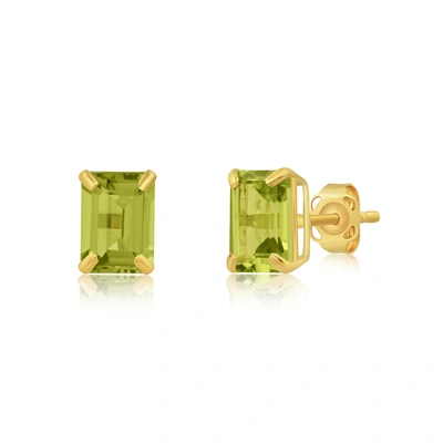 Max + Stone 14k Yellow Gold Solitaire Emerald-cut Gemstone Stud Earrings (7x5mm) In Green