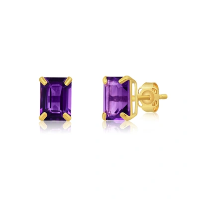 Max + Stone 14k Yellow Gold Solitaire Emerald-cut Gemstone Stud Earrings (7x5mm) In Purple