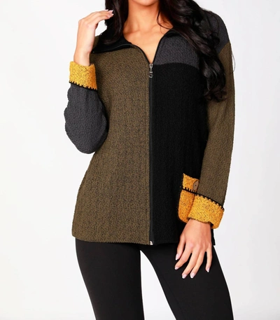 French Kyss Boucle Zip Up In Army Combo In Green