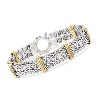 Ross-simons Two-tone Double Wheat-link Bracelet In Sterling Silver And 14kt Gold Over Sterling In White