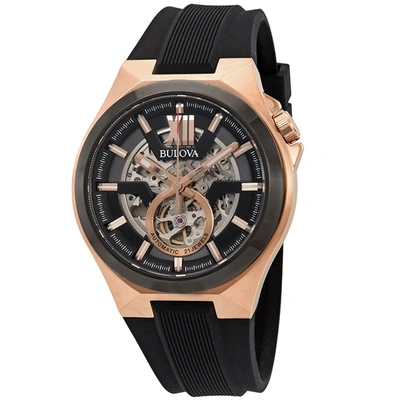Bulova Men's Black Dial Watch In Gold