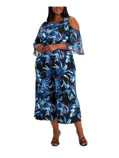Connected Apparel Plus Womens Printed Ruffled Jumpsuit In Black
