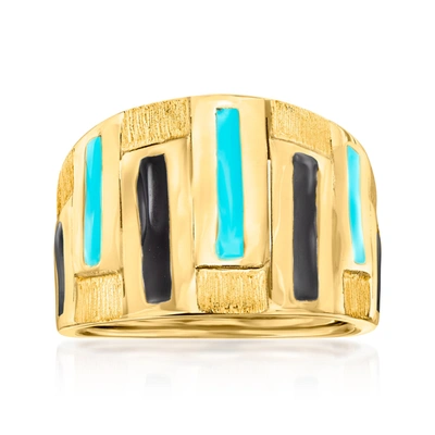 Ross-simons Italian Blue And Black Enamel Abstract Ring In 14kt Yellow Gold