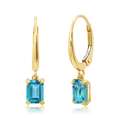 Nicole Miller 10k White Or Yellow Gold Emerald Cut 6x4mm Gemstone Dangle Lever Back Earrings With Push Backs In Blue