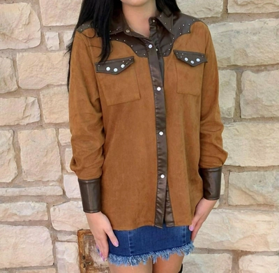 Lucky & Blessed Suede Western Shirt In Brown Faux Suede