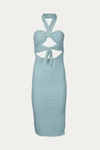 Endless Blu. Tie Front Detail Rib Bodycon Dress In Sage In Blue
