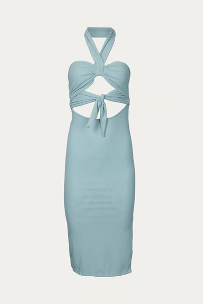 Endless Blu. Tie Front Detail Rib Bodycon Dress In Sage In Green