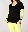 French Kyss Color Block V-neck With Stripe In Black/lime In Black