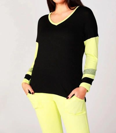 French Kyss Color Block V-neck With Stripe In Black/lime