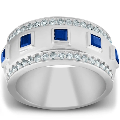 Pompeii3 2 1/4 Ct Princess Cut Blue Sapphire & Diamond Wedding Ring 10k White Gold In Multi