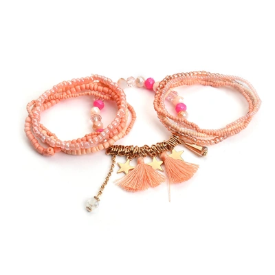 Sohi Women Peach-coloured Gold-toned Beaded Bracelet In Pink