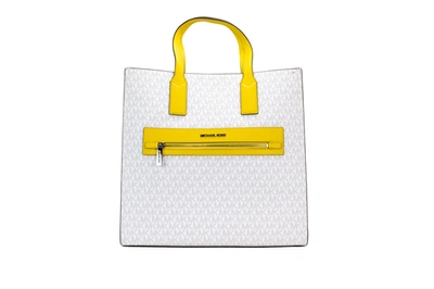 Michael Kors Kenly Large Signature Citrus Pvc North South Tote Computer Women's Handbag In Optic White/citris/sv