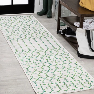 Jonathan Y Ourika Moroccan Geometric Textured Weave Indoor/outdoor Cream/black Runner Rug In Green