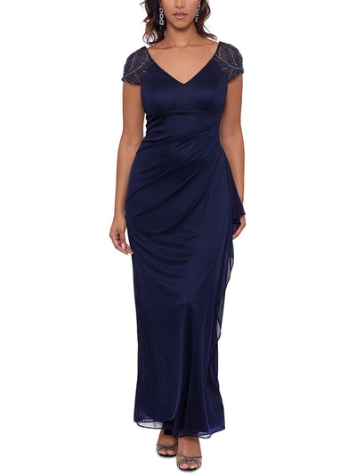 Xscape Petites Womens Embellished Long Evening Dress In Blue