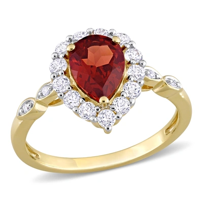 Mimi & Max 1 7/8 Ct Tgw Pear Shape Garnet And White Topaz And Diamond-accent Halo Ring In 10k Yellow Gold In Red