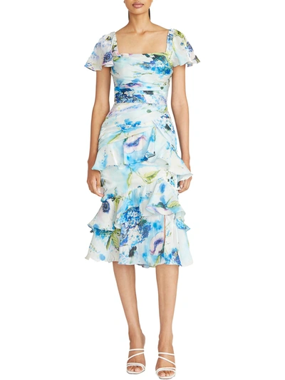 Theia Anisa Floral-print Sweetheart Dress In Blue