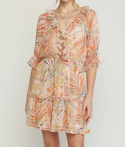 Entro Print Dress With Ruffle Detail And Smocked Waist In Coral In Multi