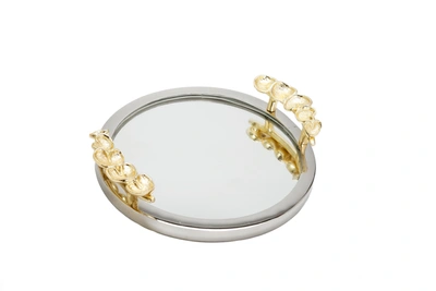 CLASSIC TOUCH DECOR MIRROR TRAY SILVER BORDER GOLD LEAF DESIGN ON HANDLE 16"D
