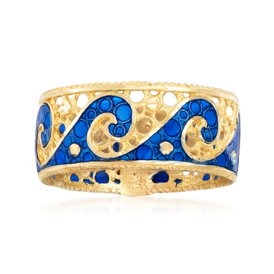 Ross-simons Italian 14kt Yellow Gold Wave Ring With Blue Enamel In Multi