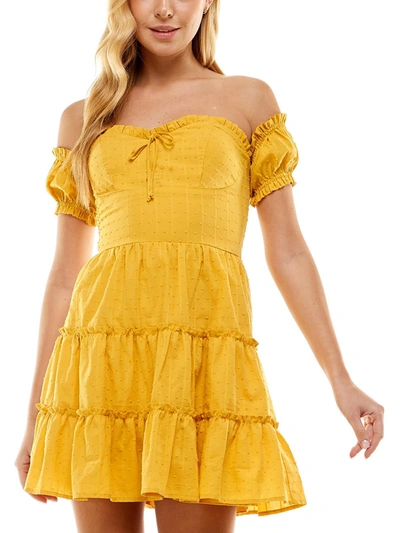 City Studio Juniors Womens Tiered Mini Fit & Flare Dress In Yellow