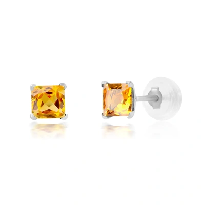 Max + Stone 14k White Or Yellow Gold Square Princess Cut 4mm Gemstone Stud Earrings In Orange