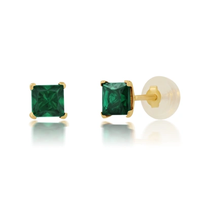 Max + Stone 14k White Or Yellow Gold Square Princess Cut 4mm Gemstone Stud Earrings In Green