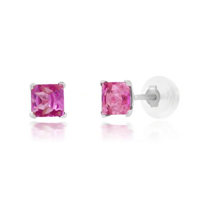 Max + Stone 14k White Or Yellow Gold Square Princess Cut 4mm Gemstone Stud Earrings In Pink