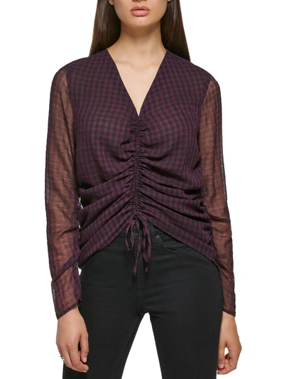 Calvin Klein Womens Sheer Checkered Blouse In Purple