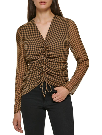 Calvin Klein Womens Sheer Checkered Blouse In Brown