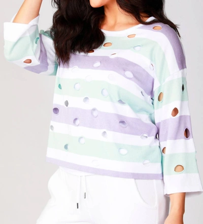 French Kyss 3/4 Stripe Sleeve Holey Crew In White/multi