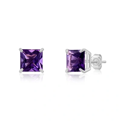 Max + Stone 14k White Gold Solitaire Princess-cut Gemstone Stud Earrings (7mm) In Purple