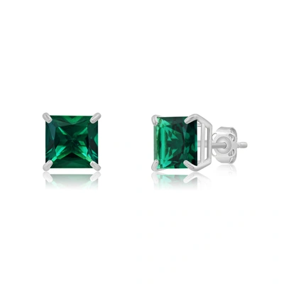 Max + Stone 14k White Gold Solitaire Princess-cut Gemstone Stud Earrings (7mm) In Green