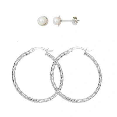 Max + Stone Sterling Silver 5mm Pearl And Twisted Hoop Earrings Set