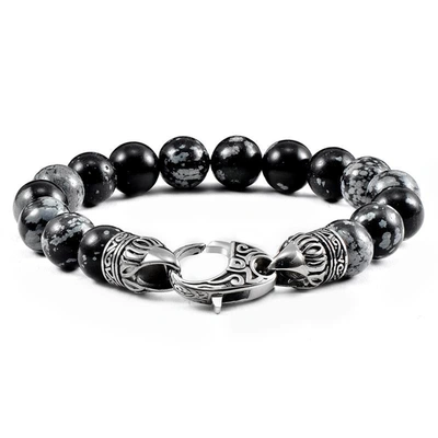 Crucible Jewelry Crucible Los Angeles 10mm Snowflake Agate Bead Bracelet With Stainless Steel Antiqued Lobster Clasp In Black