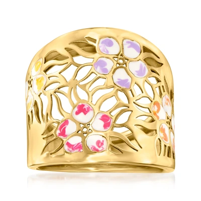 Ross-simons Italian Multicolored Enamel Flower Ring In 14kt Yellow Gold In Pink