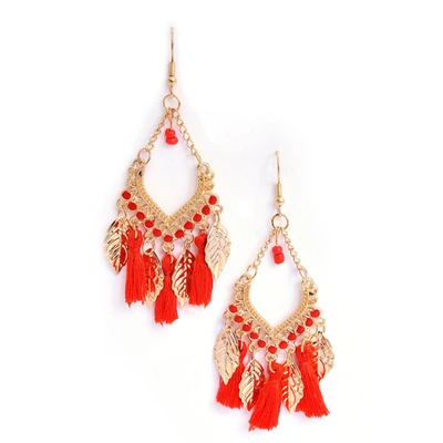 Sohi Orange Gold-toned Contemporary Tasseled Drop Earrings In Red