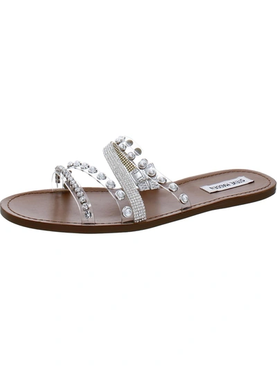 Steve Madden Attentive Womens Embellished Slip-on Slide Sandals In Silver