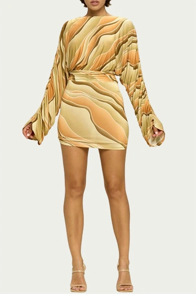 Black Pearl Clothing Marble Ruched Jersey Mini Dress In Yellow/taupe